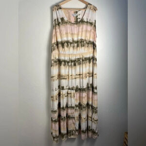 Ava & Viv Tiered Maxi Dress 2X Sleeveless Tie Dye White Pink Green Boho Beach